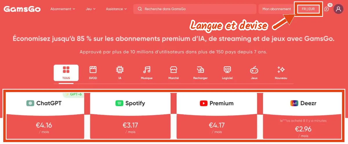 Page d'accueil de GamsGo en français : sélecteur FR | EUR en haut à droite et cartes ChatGPT 4,16 €, Spotify 3,17 €, YouTube Premium 4,17 € et Deezer 2,96 € par mois