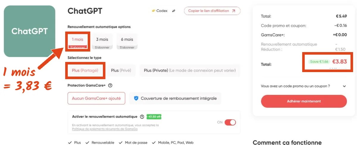 Fiche ChatGPT sur GamsGo : durée 1 mois, type Plus partagé, total de 3,83 € avec le code YTRKS et le renouvellement automatique