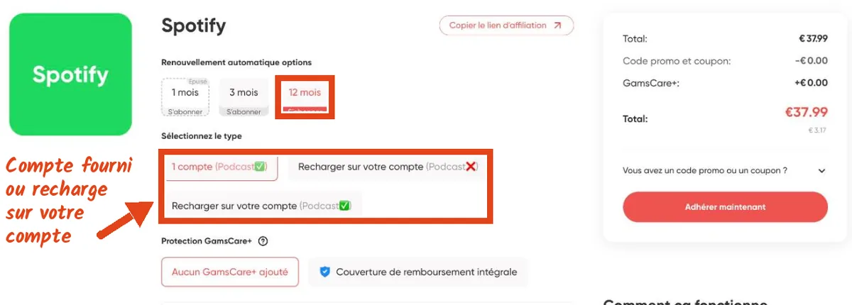 Fiche Spotify sur GamsGo : durées 1, 3 et 12 mois, puis trois types au choix, un compte fourni ou deux variantes de recharge sur votre propre compte