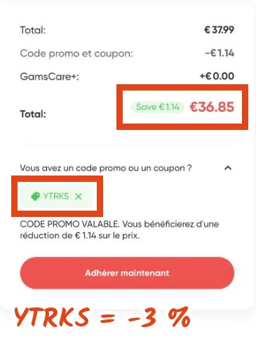 Récapitulatif de commande GamsGo avec le code YTRKS appliqué : message Code promo valable, réduction de 1,14 € et total de 36,85 € au lieu de 37,99 €