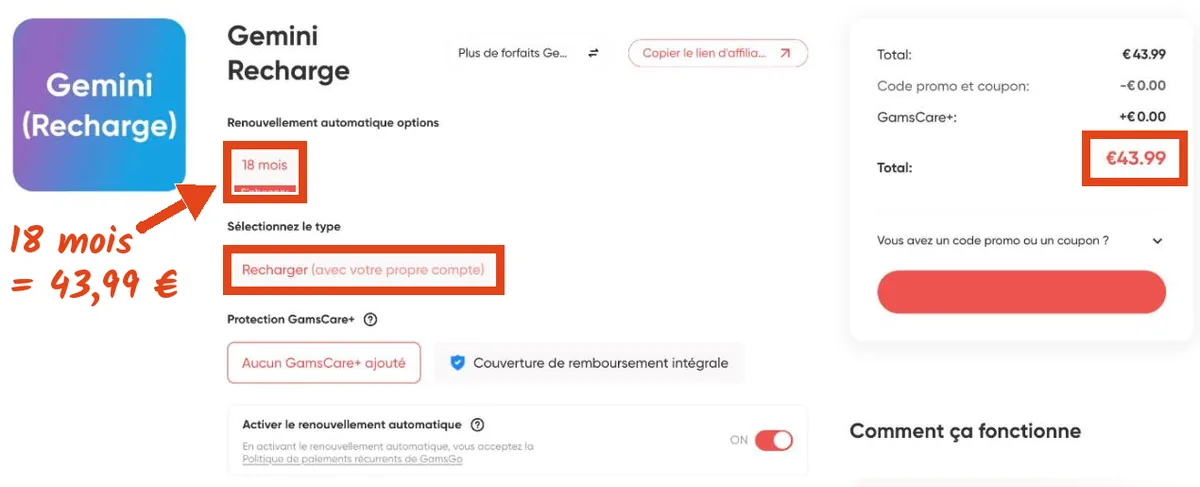 Fiche GamsGo de la recharge Gemini : durée 18 mois, type Recharger avec votre propre compte, total 43,99 €