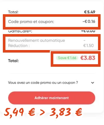 Récapitulatif de commande GamsGo pour ChatGPT Plus partagé 1 mois : 5,49 €, code promo -0,16 €, remise renouvellement automatique -1,50 €, total 3,83 €