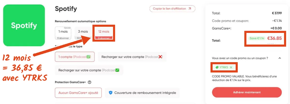 Fiche Spotify sur GamsGo : 12 mois, type 1 compte, code YTRKS appliqué et total de 36,85 €