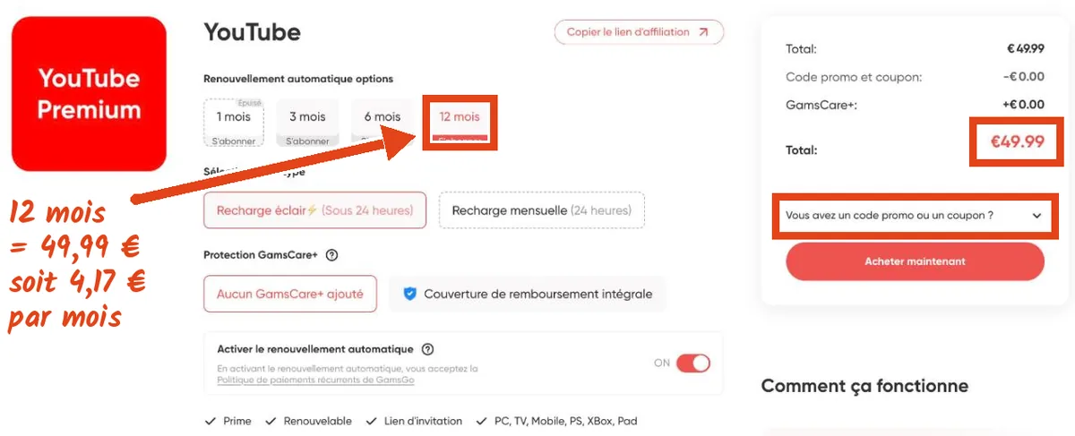 Fiche YouTube Premium sur GamsGo : durée 12 mois, recharge éclair, total 49,99 € soit 4,17 € par mois