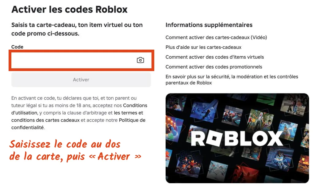 Page roblox.com/fr/redeem « Activer les codes Roblox », avec le champ Code et le bouton Activer