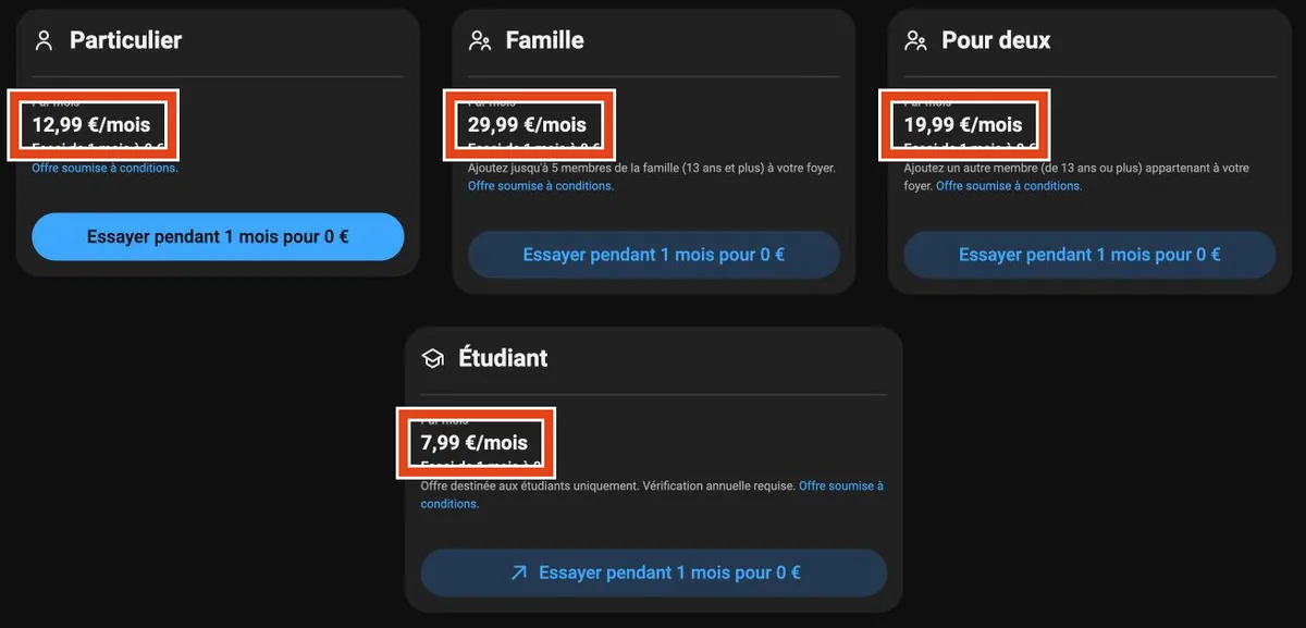 Page youtube.com/premium : Particulier 12,99 €, Famille 29,99 €, Pour deux 19,99 € et Étudiant 7,99 € par mois
