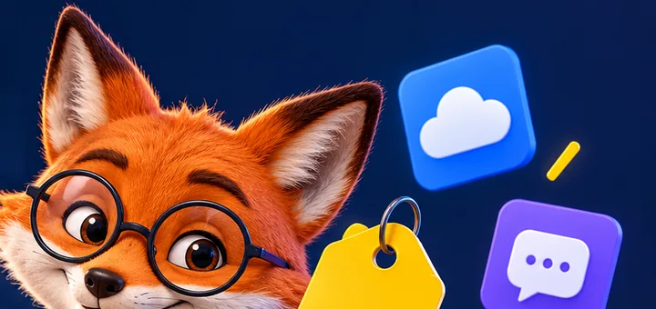 Le renard de TechFute, lunettes rondes et sweat bleu marine, une étiquette de prix à la main